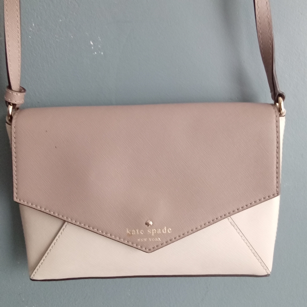 Kate Spade New York Saffiano Leather Two Tone Envelope Crossbody Bag Beige Cream